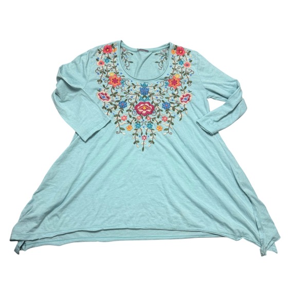 Johnny Was‎ JW Los Angeles Floral Embroidered Tunic Long Sleeve Aqua Blue Medium